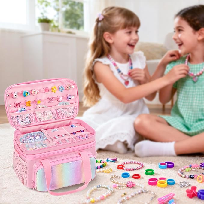 GRAOSO Double Layer Jewelry Organizer Storage for Kids Girls, Travel Jewelry Case Bag, Portable Jewelry Box with Handle and Detachable Shoulder Strap for Necklaces, Earrings, Rings, Pink (Case Only) - Image 7