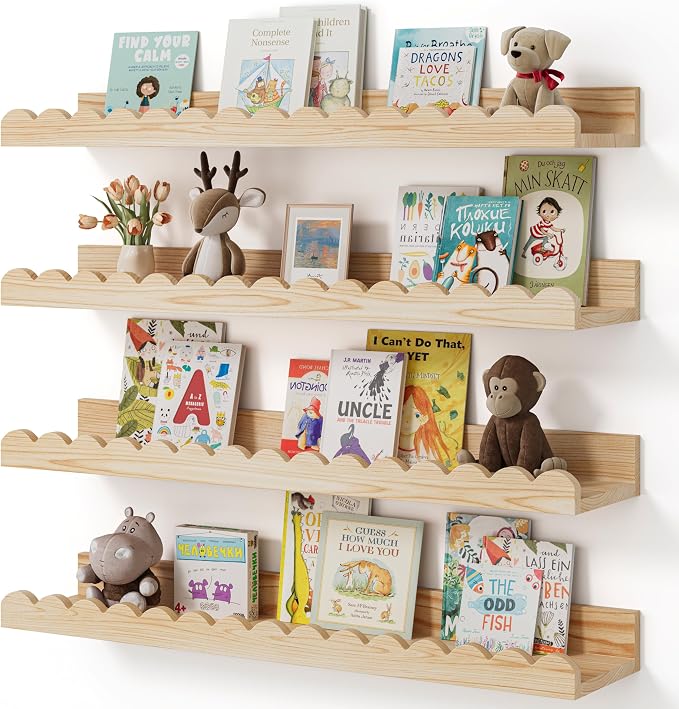 Shario Nursery Book Shelves, 4-Pack Wood Floating Shelves for Wall Kids, Scalloped Shelves, Wall Book Shelves for Bedroom Kids, Toddler Room, Baby Room, Nursery Decor (Wood, 23 Inches) by Shario