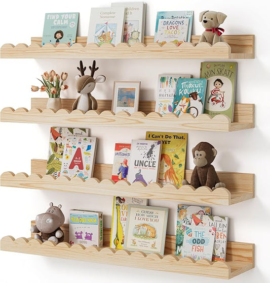 Shario Nursery Book Shelves, 4-Pack Wood Floating Shelves for Wall Kids, Scalloped Shelves, Wall Book Shelves for Bedroom Kids, Toddler Room, Baby Room, Nursery Decor (Wood, 23 Inches) by Shario