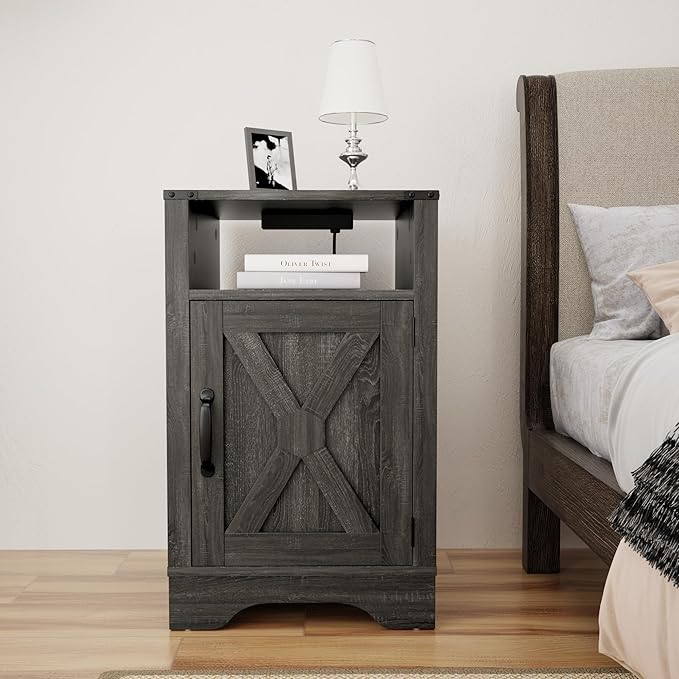 RoyalCraft 25" Tall Farmhouse Nightstand with Charging Station, Grey End Table with Storage, Large Wooden Rustic Bedside Table for Bedroom, Dark Grey