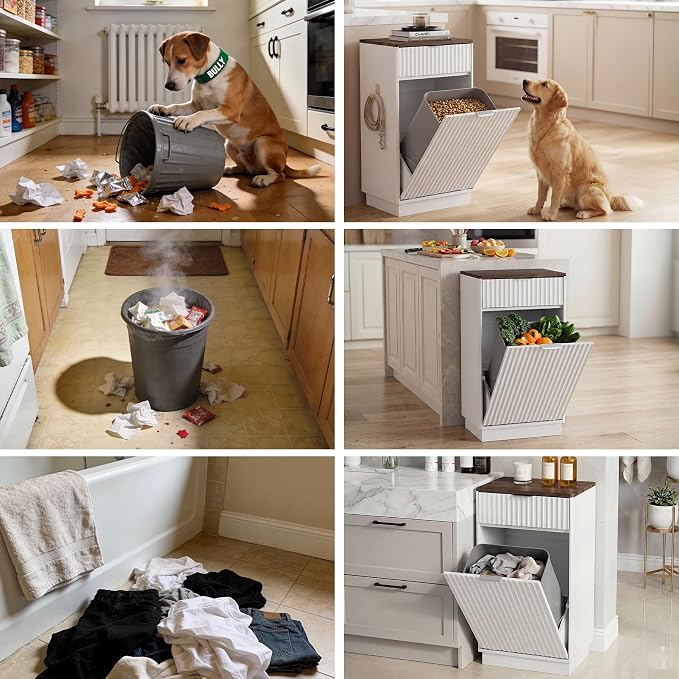 Tilt-Out Trash Cabinet, White Laundry Hamper Cabinet with Black Top, 34.3 x 19 x 13.8 inches, 10 Gallon Capacity, Wave-Textured Front, Storage Drawer. - Image 5