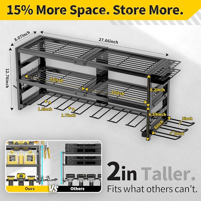 Power Tool Organizer Wall Mount Heavy Duty 320 lbs, 3 Layers Storage Rack with 9 Drill Holders & Battery Storage, cordless tool organizer for Garage, Workshop & Tool Room - Image 2