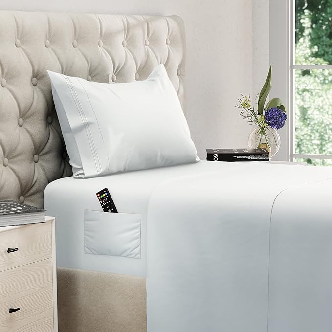 DREAMCARE Twin XL Sheet Sets – 3pcs Cooling Sheets – up to 15” Deep Pocket Twin XL Sheets Set – Hotel Luxury Sheets & Pillowcases – Superior Softness 100% Fine Microfiber with Side Pocket – White