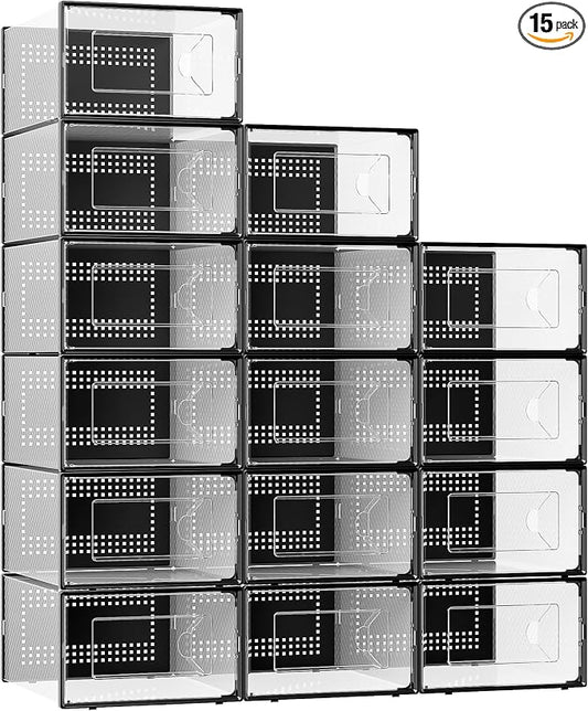 Foluck X-Large Shoe Storage Box, 15 Pack Clear Plastic Stackable Shoe Organizer for Closet, Interlocking Design Shoe Container Bins for Sneakers, Foldable Shoe Rack with Lids, Black by Foluck