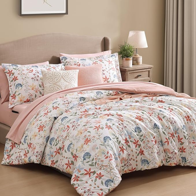 CASAAGUSTO Full Comforter Set, 7 PCS Clay Pink Floral Comforter Set with Flowers Leaves Pattern, Soft Seersucker Design All Season Full Size Bedding Set(80"X90")