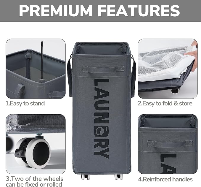 Goodpick Hamper with Wheels, 2-Pack 75L Foldable Laundry Baskets with Removable Wash Bags, Dirty Laundry Basket for Corner Dorm,Grey - Image 4
