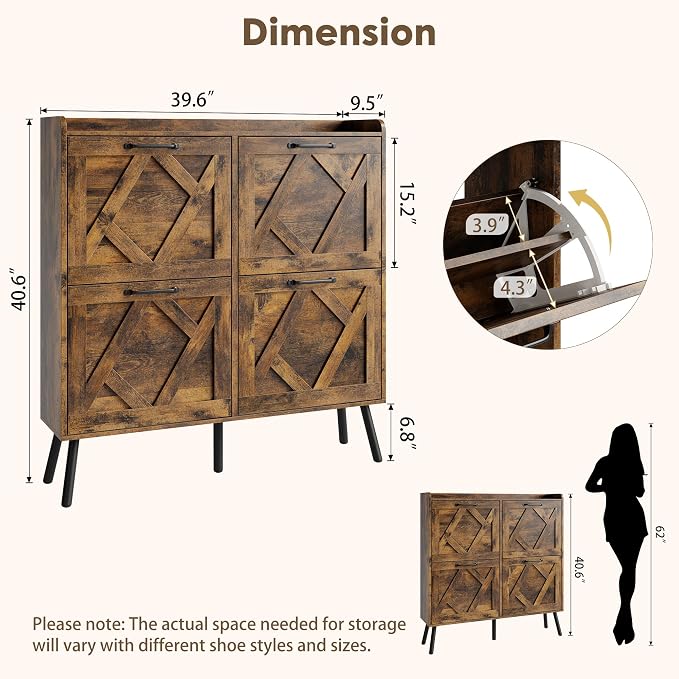 Nicetree Shoe Cabinet Storage for Entryway, Freestanding Shoe Storage Cabinet, Farmhouse Narrow Shoe Rack Cabinet for Entryway, Foyer, Hallway, Shoe Cabinet 4 Flip Drawers, Rustic Brown - Image 2