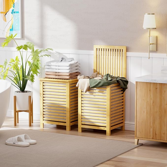 SMIBUY Double Laundry Hamper with Lid, 120L Bamboo Laundry Basket with Removable Liner Bag, 2-Section Clothes Divider Laundry Sorter for Laundry Room, Bathroom, Bedroom (Natural) - Image 2