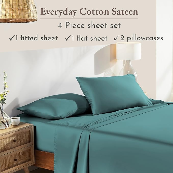 California Design Den Deep Pocket King Sheet Set - Natural 100% Cotton Sheets King Size, Soft Sateen Weave, Breathable and Durable Bedding Set Teal (Deep Tone)