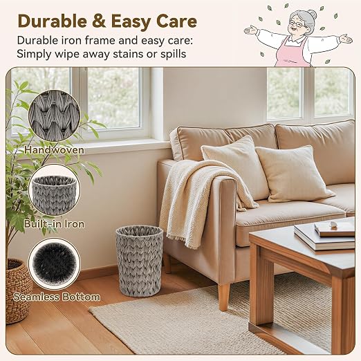GRANNY SAYS Small Wicker Trash Can, 2 Gallon Bathroom Waste Basket, Small Bathroom Garbage Can, Plastic Trash Basket for Decor, Round Wastebaskets for Office, Bedroom, Cabinet, Grey - Image 3