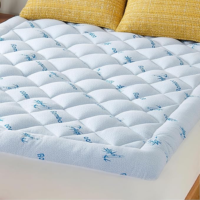 King Mattress Topper, Viscose Derived from Bamboo Thick Pillow Top Mattress Pad with Deep Pocket, Naturally Cooling for Hot Sleepers, Soft for Back Pain Relief, Blue