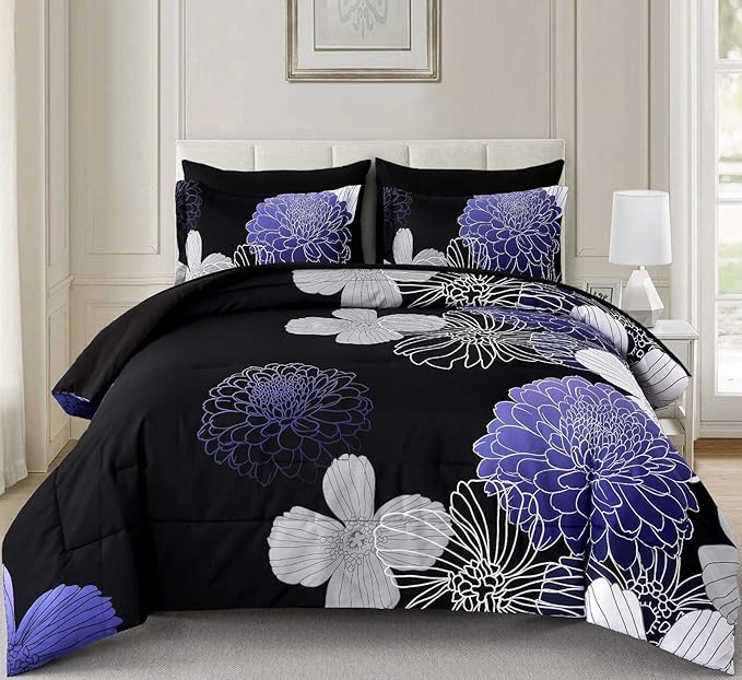 Yiran Floral Comforter Set Queen 7 Pieces Bed in a Bag Purple White Black Flower Comforter Soft Microfiber Bedding Sets for All Seasons 90"×90"
