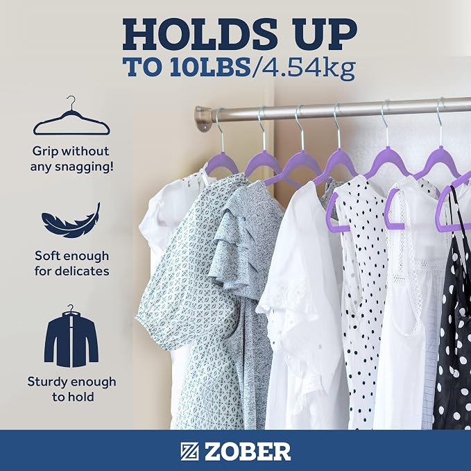 ZOBER Purple Velvet Hangers 50 Pack - Clothes Hangers, Coat Hanger for Pants & Dress Clothes - Non Slip w/ 360 Degree Swivel, Holds up to 10 lbs - Strong Felt Hanger for Clothing - Image 4