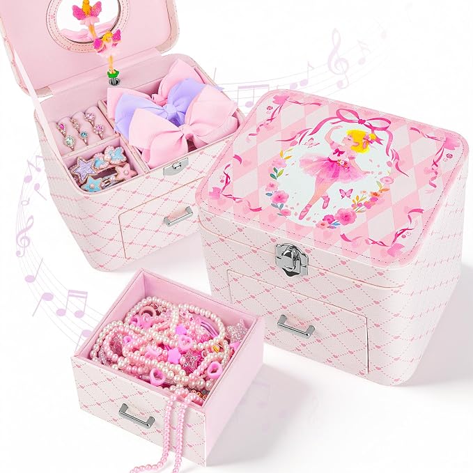 Basumee Musical Jewelry Box for Girls PU Leather Music Box with Drawer Large Kids Jewelry Organizer with Unicorn/Ballerina Jewelry Storage for Little Girls Ages 3–10, Birthday & Holiday Present by Basumee