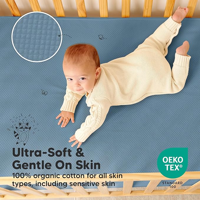 2-Pack Waterproof Crib Mattress Protector Cover Fitted - Quiet Baby Crib Mattress Pad Sheets, 52" x 28" Soft Quilted Cotton Baby Sheet, Machine Washable, Easy Fit, Durable (Lagoon/Quin)