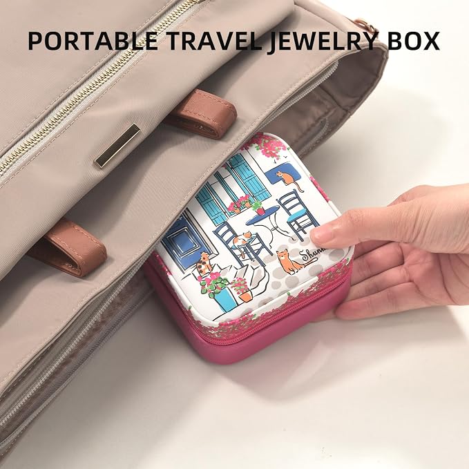 shunmei Mini Travel Jewelry Box,PU Leather Portable Jewelry Organizer Case,Art Accessories Storage Holder Boxes for Earring, Necklace, Rings, Bracelets (Four Cats) - Image 2