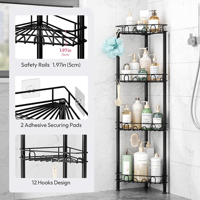 SWTYMIKI Standing Shower Caddy Corner - 4‑Tier Stainless Steel Shower Organizer Shelf with 16 Hooks and Adhesive Pads, Rustproof Corner Shelves Stand Rack for Bathroom Shower Room, Black - Image 4