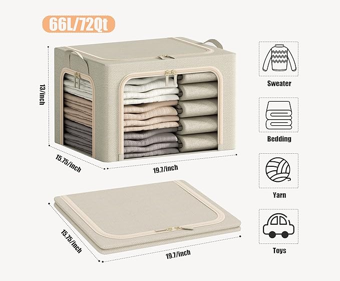 3 Opeings Large Clothes Storage Bins with Metal Frame, Foldable Storage Bin for Clothes, Clothing Storage Bins with Lid, Linen Storage Box With Clear Window＆ Zippers＆ Durable Handles.(3 Pcs,Beige,66L) - Image 6