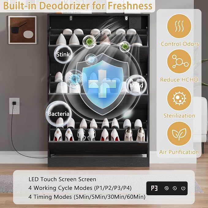 BORNOON Shoe Cabinet with Odor Control and Back Panels, Deodorizing Slim 3-Flip Shoe Storage Cabinet for Entryway, Freestanding Hidden Shoe Rack Organizer for Entrance, Hallway, Bedroom - Image 3