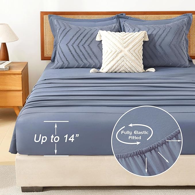 Litanika California King Size Comforter Set with Sheets Bluish Grey - 7 Pieces Bed in a Bag Cal King Chevron Tufted Complete Bedding Sets with Comforter, Sheets, Pillowcases & Shams