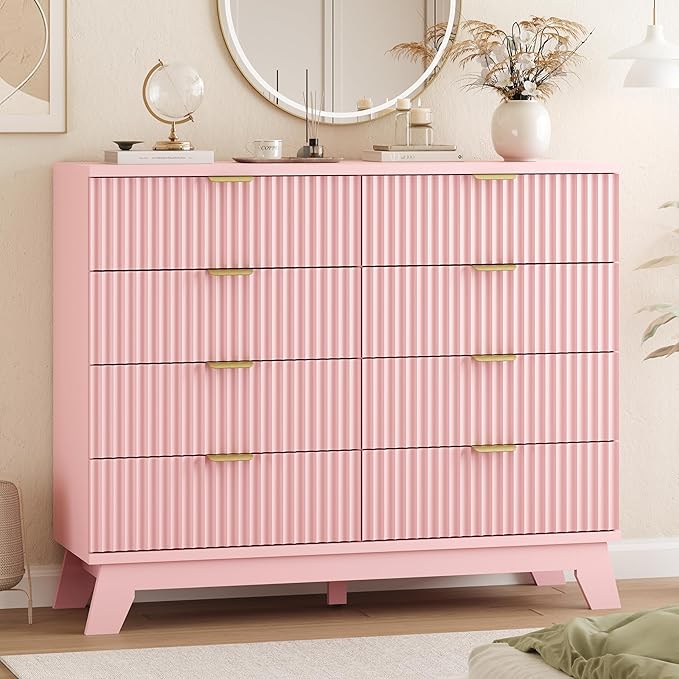 Xixini Fluted Dresser for Bedroom with 8 Drawers, 48" Wide Modern Chest of Drawers with Metal Handle, Wooden Dresser TV Stand, Wood Closet Clothes Storage Organizer for Living Room, Hallway, Pink