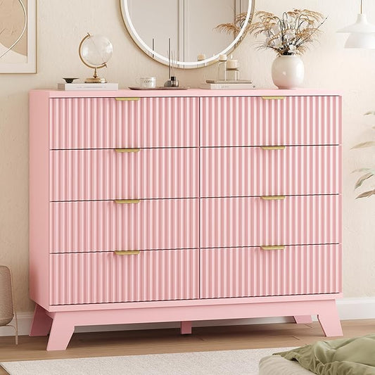 Xixini Fluted Dresser for Bedroom with 8 Drawers, 48" Wide Modern Chest of Drawers with Metal Handle, Wooden Dresser TV Stand, Wood Closet Clothes Storage Organizer for Living Room, Hallway, Pink