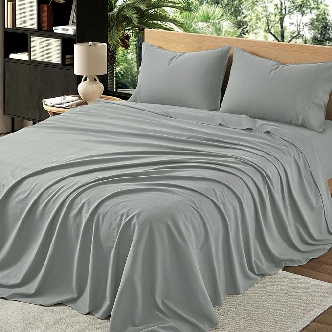 4Pcs Linen Sheets Full Size, 100% French Linen from Normandy, Tear-Resistant Earl Gray Bed Sheets Full Sheet Set with 16 Inch Deep Pocket, 1 Flat Sheet, 1 Fitted Sheet, 2 Pillowcases