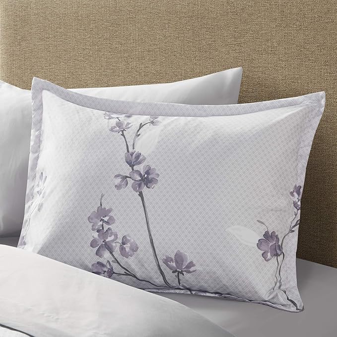 Comfort Spaces Bed in A Bag - Trendy Casual Design Cozy Comforter with Complete Sheet Set with Side Pocket, All Season Cover, Matching Shams Full(80"x90"), Kate, Grey/Purple 9 Piece, Cottage