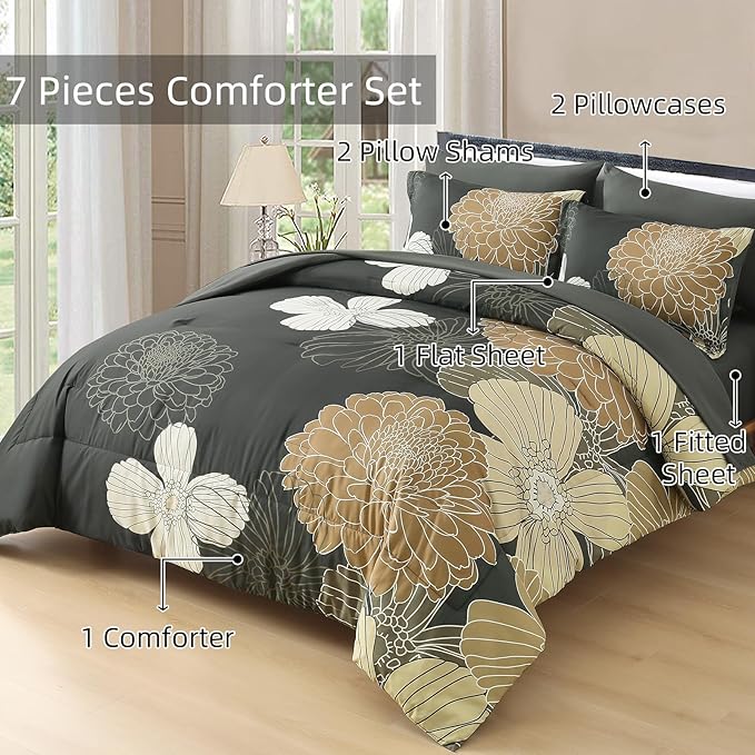 Yiran Queen Khaki Grey Brown Comforter Set - 7 Pieces Floral Bedding Sets,Bed in a Bag Soft Microfiber Comforter with Flat Sheet Fitted Sheet Pillowshams Pillowcases