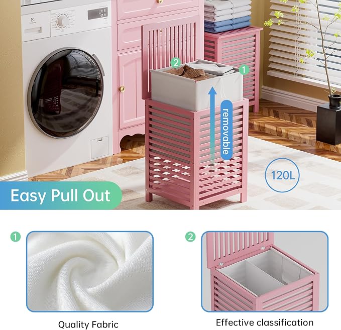 SMIBUY Double Laundry Hamper with Lid, 120L Bamboo Laundry Basket with Removable Liner Bag, 2-Section Clothes Divider Laundry Sorter for Laundry Room, Bathroom, Bedroom (Pink) - Image 7