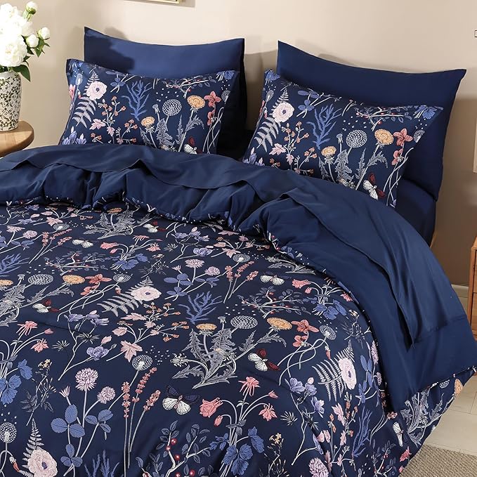 Yiran Queen Comforter Set, 7 Pieces Navy Blue Floral Soft Bedding Sets, Queen Bed in a Bag with Botanical Flowers Winter Comforter, Sheets, Pillowcases & Shams