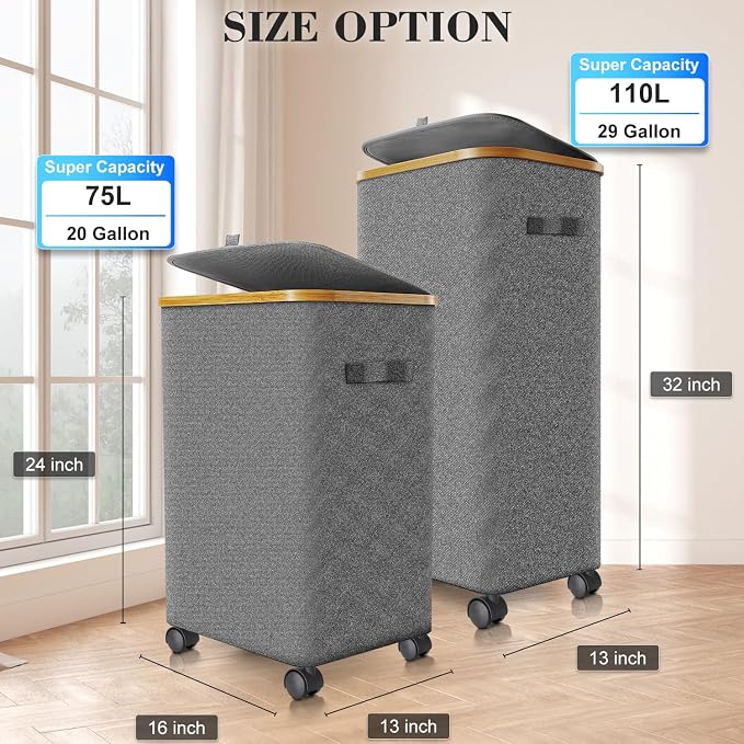 Laundry Hamper with Wheels,29 Gal (110L) Laundry Basket with lid Rolling Clothes Hamper Foldable Dirty Clothes Basket on wheels with Bamboo Frame and Bag for Bedroom, Dorm, Laundry Room-Grey - Image 4