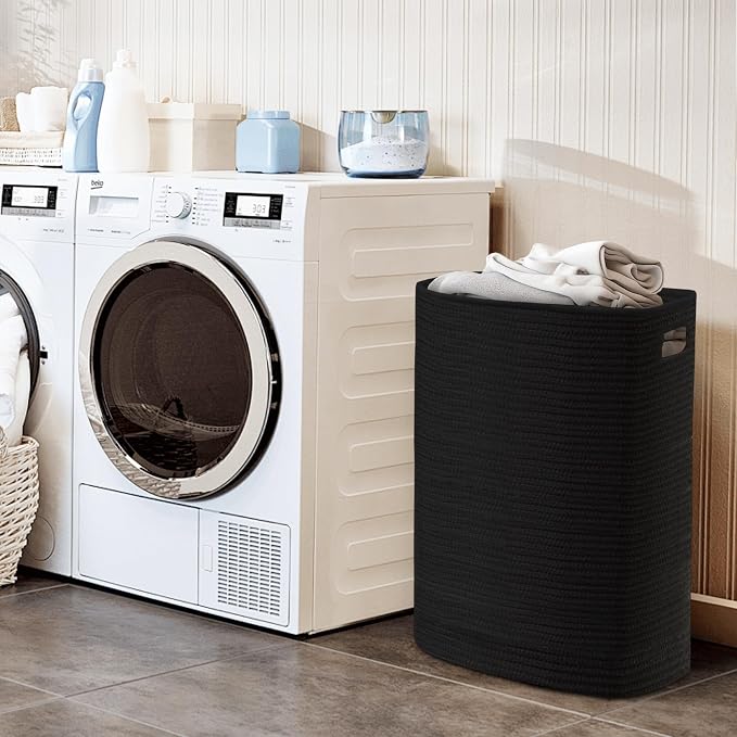 MEGASKET Large Laundry Hamper 16"x13"x22" - Tall Woven Laundry Basket, Cotton Rope Dirty Clothes Hamper, Baby Kids Nursery Wicker Laundry Basket, Bedroom Aesthetic, Soft Laundry Bin, Black Hamper, 75L - Image 5