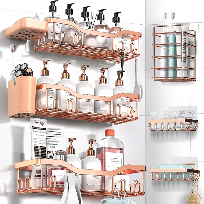 NESOMI Shower Caddy Adhesive Shower Organizer 8-Pack, Rustproof Stainless Steel Bathroom Shelves, Large Capacity No-Drill Rack Storage Accessories with Soap Dish Toothbrush Holder Hooks by OrganizeYourHomeEssentials