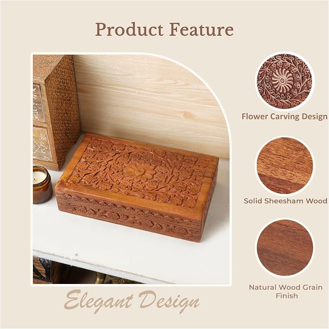 Ajuny Wooden Handcarved Decorative Jewelry Storage Box Flower Design Multipurpose Treasure Chest Keepsake Organizer Necklaces Watch Boxes Great for Gifts 10x6 Inch - Image 4