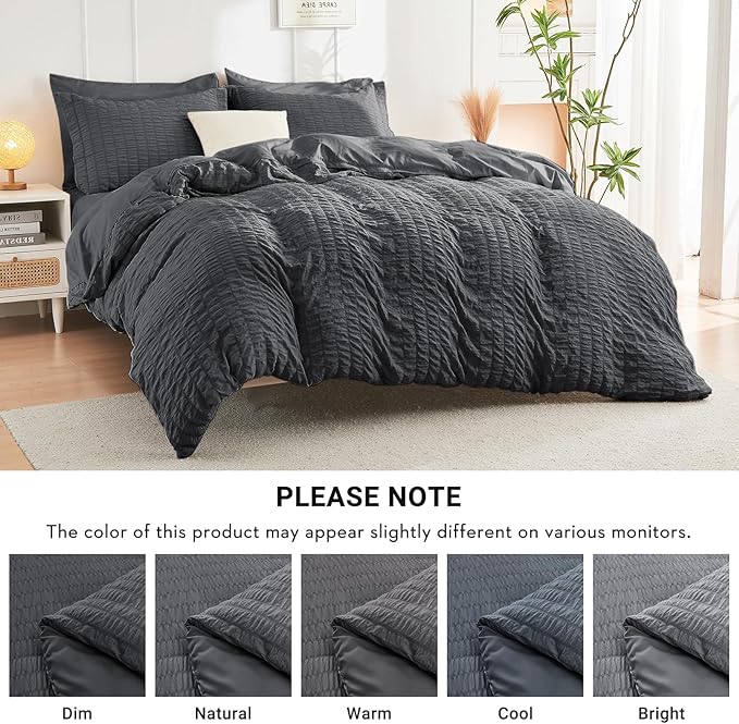 HYMOKEGE Oversized Queen Comforter Set Seersucker 7 Pieces, All Season Luxury Bed in a Bag for Bedroom, Bedding Set with Comforter, Sheets, Pillowcases & Shams, Dark Grey