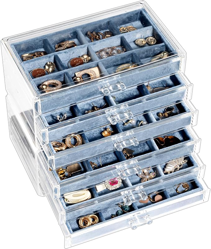 Lolalet Earring Holder Organizer Box Jewelry Storage with 6 Drawers, Clear Acrylic Stackable Earring Case with Adjustable Velvet Trays for Women on Dresser Vanity -Blue, 6 Layers by Lolalet