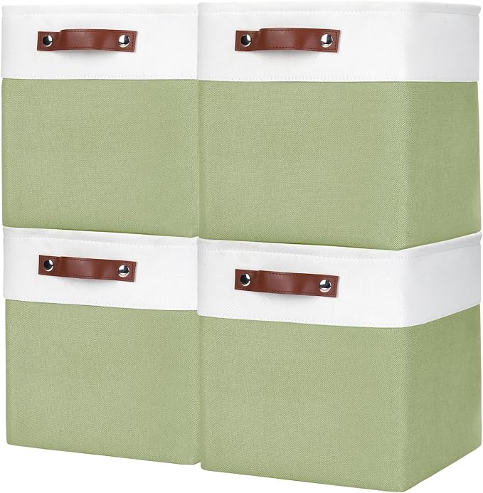 Bagnizer Collapsible Fabric Storage Cubes 11x11 Cube Storage Bins, 4 Pack Closet Baskets Box with Handles for Organizing, Shelf, Toys, Clothes, Home, Office, Nursery (Green&White) by Bagnizer