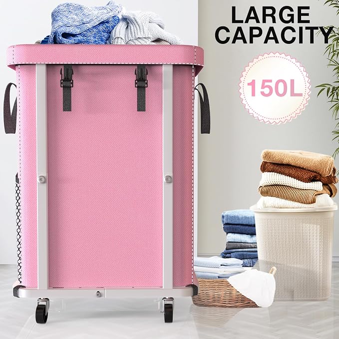 40 Gal(150L) High Grade Large Laundry Basket with Wheels, Rolling Laundry Hamper, Laundry Cart with Metal Frame and Removable Bag Design, Suitable for Laundry Room, Bedroom (Pink, 150L) - Image 2