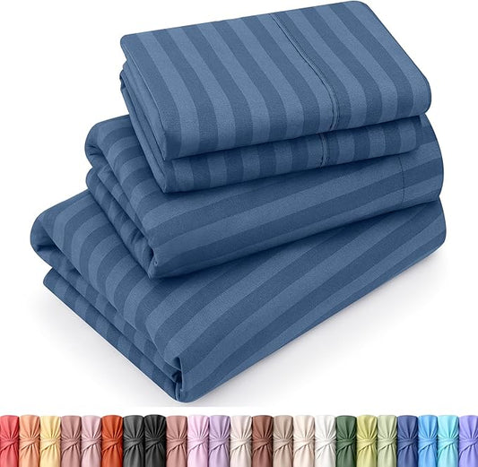 Utopia Bedding Queen Sheet Set, Soft Microfiber 4 Piece Bed Sheets with 15" Deep Pocket - Easy Care Brushed Microfiber (Stripe - Navy)