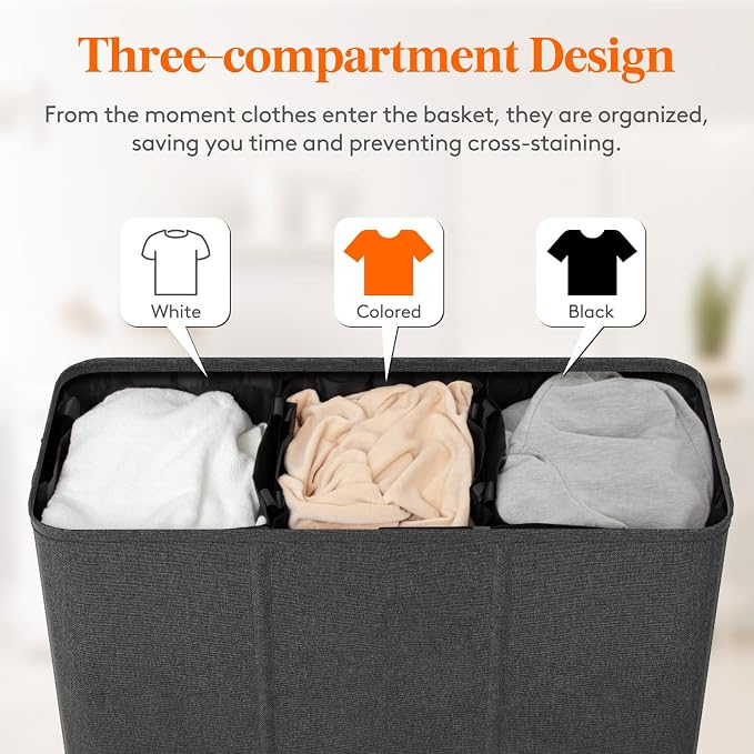 Lifewit Triple Laundry Hamper with Lid and Removable Laundry Bags, Large Collapsible 3 Dividers Dirty Clothes Basket with Handles for Bedroom, Laundry Room, Closet, Bathroom, College, 180L Dark Gray - Image 4
