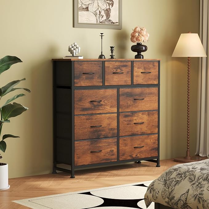 OLIXIS Dresser for Bedroom, 9 Storage Drawers, Wide Fabric Closet Chests Organizer Tower Furniture, TV Stand with Wooden Top Metal Frame for Clothes, Living Room, Hallway, Entryway, Rustic Brown - Image 7
