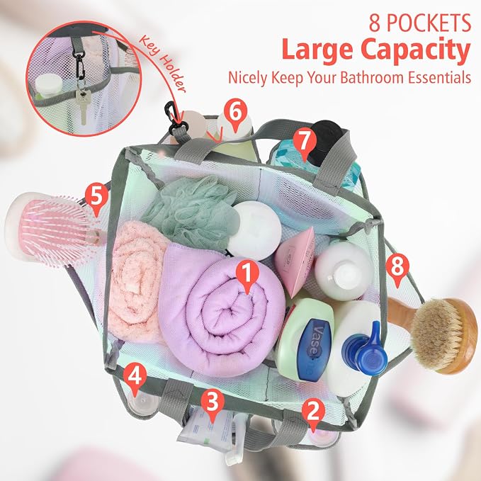 F-color Mesh Shower Caddy Portable, Upgrade Deeper 7 Pockets Shower Bag Basket Tote for College Dorm Room Toiletry Bathroom Essentials Gym Camp Quick Dry 2 handles with S Hook, White - Image 2