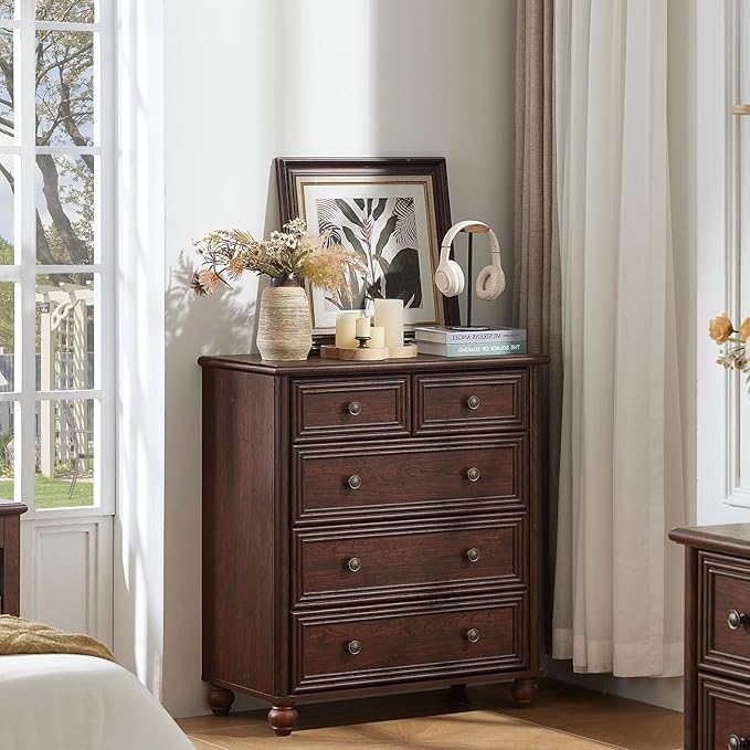 RWYHG Farmhouse 5 Drawer Dresser Set of 2 for Bedroom, 35.5" Walnut Tall Small Dressers & Chest of Drawers, Rustic Wood Dresser with Roman Column, Storage Organizer for Living Room, Hallway, Closet