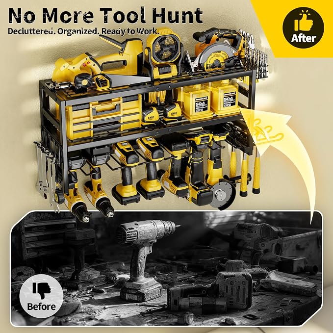 Power Tool Organizer Wall Mount Heavy Duty 320 lbs, 3 Layers Storage Rack with 9 Drill Holders & Battery Storage, cordless tool organizer for Garage, Workshop & Tool Room - Image 7