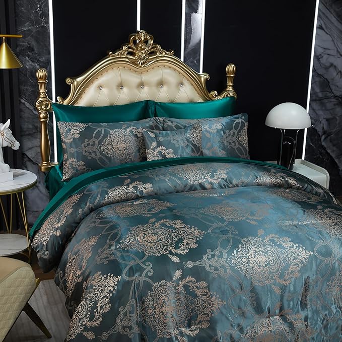 Green Jacquard Queen Comforter Set Sheet Set Elegant Bedding Set 8 Pcs Embroidery Neoclassical Floral Pattern Bed Home Decor Soft Down Comforter Luxury Hotel Silky Bed in a Bag with 1 Cushion Cover