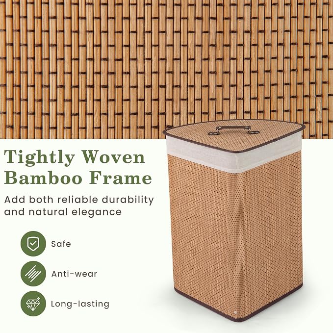 GOFLAME Corner Bamboo Laundry Hamper with Lid and Removable Liner, Washing Clothes Basket Storage Bin with Handle, Suitable for Bedroom, Bathroom, Laundry, Bamboo - Image 5
