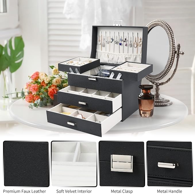 Dajasan Jewelry Organizer Box, Large Jewelry Boxes for Women Girls, Space-Saving 4 Layers Jewelry Storage Case with Drawer, Movable Metal Stand, Modern, Gift Idea (Black + Silver) - Image 6