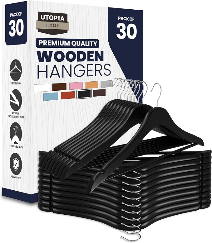 Utopia Home Premium Wooden Hangers 30 Pack - Durable & Slim Coat Hanger - Suit Hanger with 360-Degree Rotatable Hook - Wood Hangers with Shoulder Grooves (Black) by UTOPIAHOME