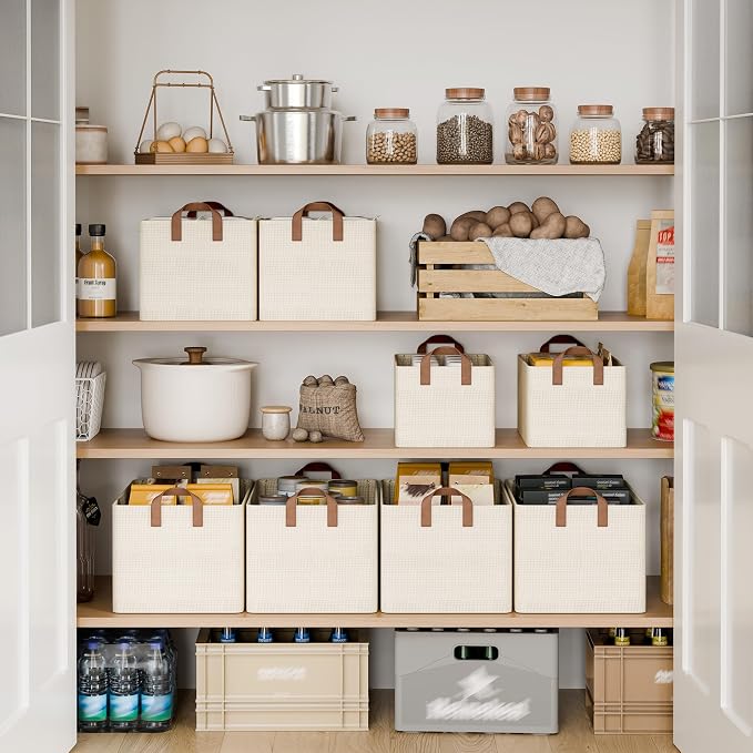 StorageWorks Storage Bins, Shelves Baskets for Organizing, Large Fabric Closet Organizers with Handles, Metal Frame, Beige-Texture, 2-Pack - Image 3